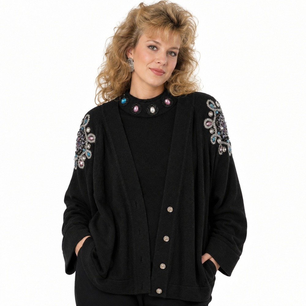 Alexa Grace Sweater Set‎ Womens XL Black Beaded Embellished Vintage Twin Set